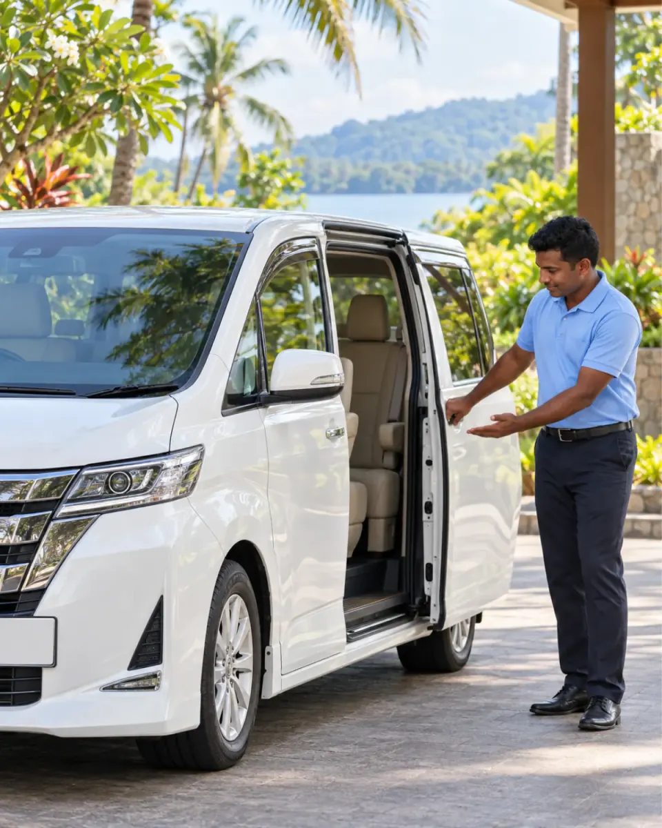 Driver opening the sliding door of a white private van at a hotel entrance