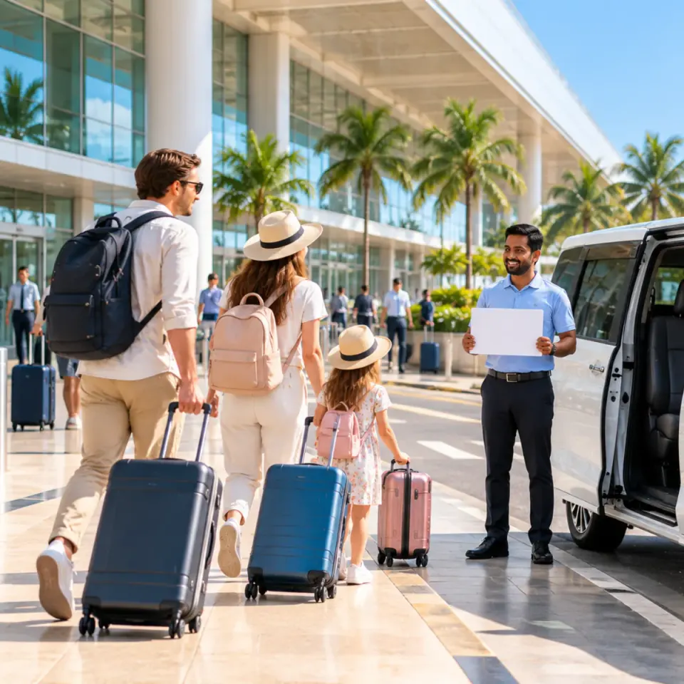 Driver holding a name board meets a family with suitcases outside the airport arrivals hall