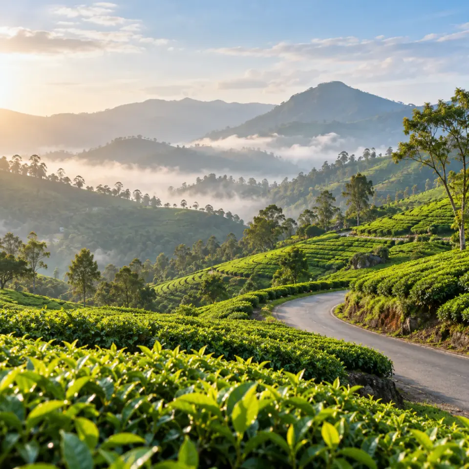 Road winding through tea plantations in the hill country