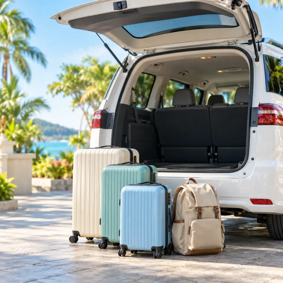 Suitcases and a backpack beside the open boot of a private van
