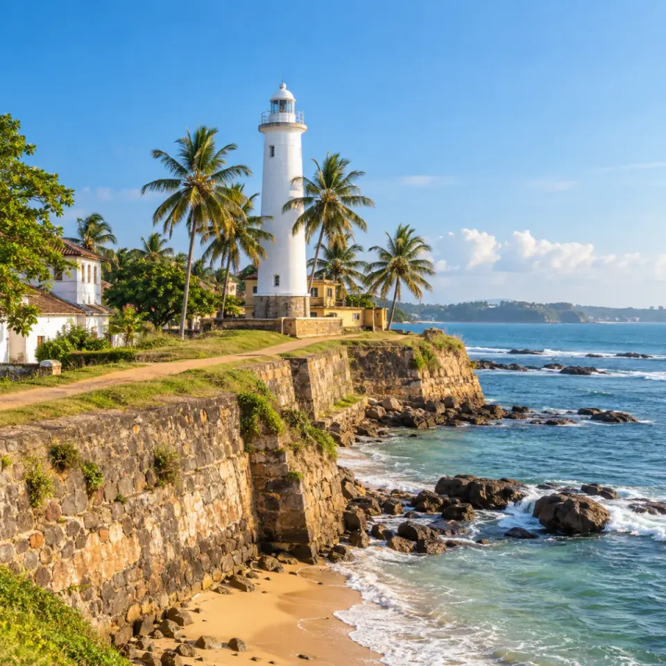 White lighthouse and old ramparts at Galle Fort by the sea