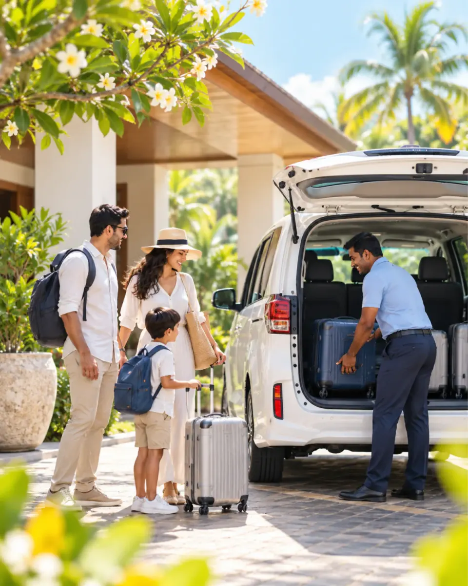 Driver loading suitcases into a private van for a family at their hotel entrance