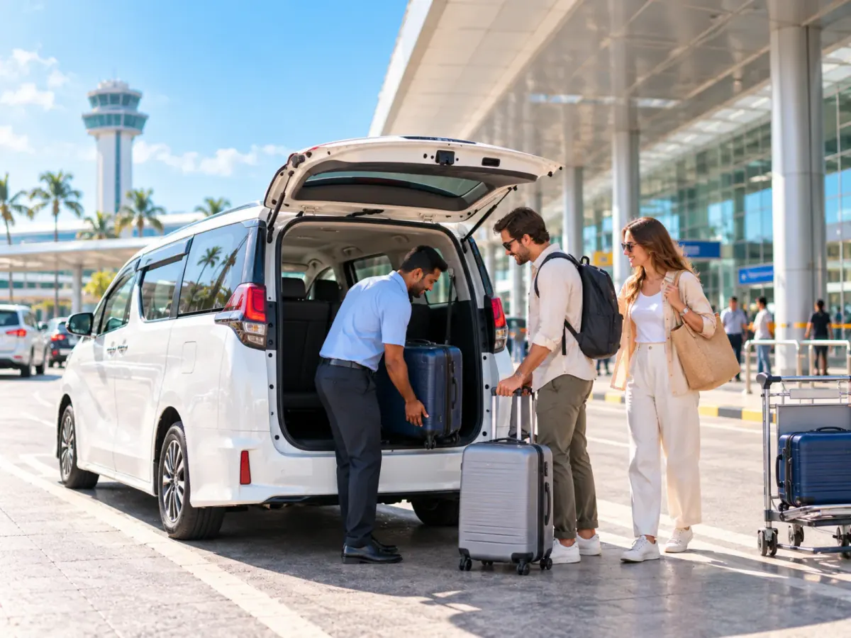 Driver unloading suitcases from a private van for two travellers at the airport terminal