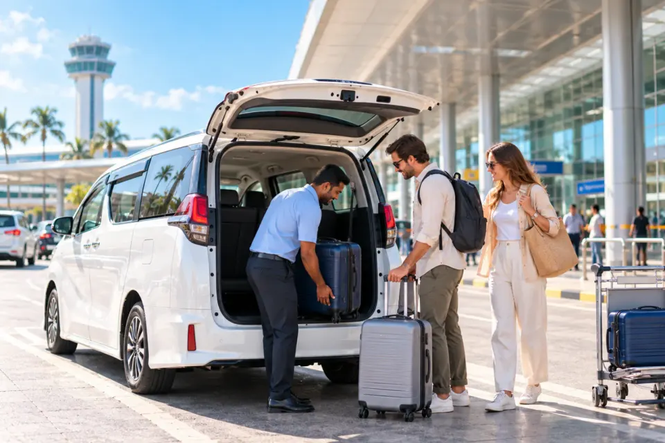 Driver unloading suitcases from a private van for two travellers at the airport terminal