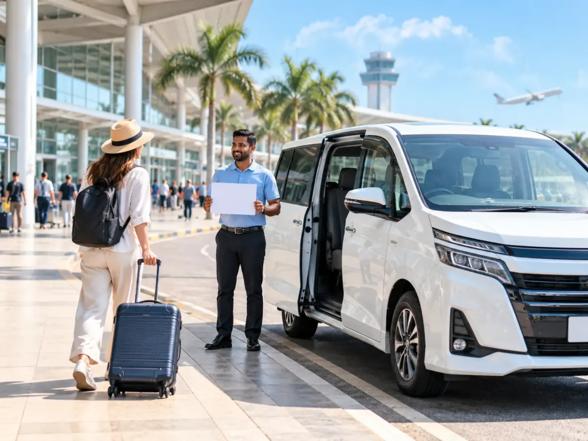 Driver with a name board meeting a traveller beside a private van at the airport