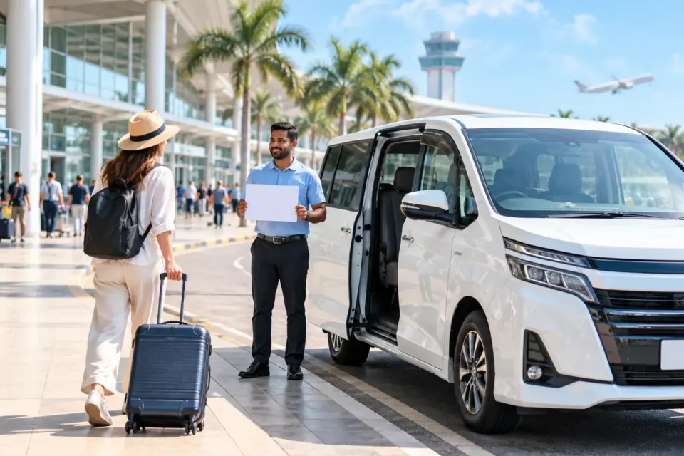 Driver with a name board meeting a traveller beside a private van at the airport