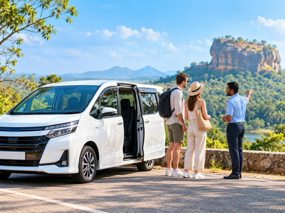 Driver pointing out Sigiriya rock to two travellers beside a private van