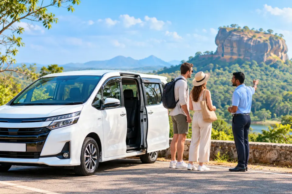 Driver pointing out Sigiriya rock to two travellers beside a private van